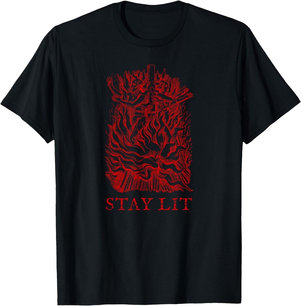 Blood Red Occult Stay Lit Burning Witch Satan Devil Hell T-Shirt