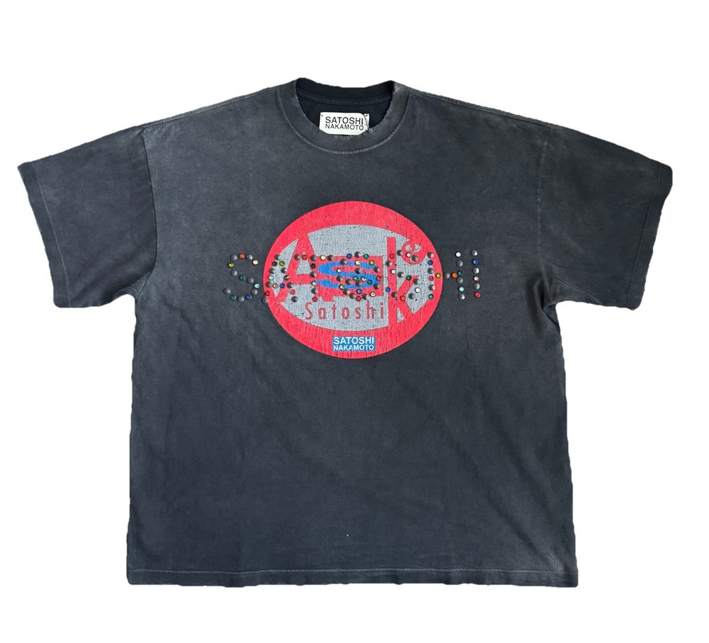 Satoshi Nakamoto – Rhinestone Cracked Print Oversized T-Shirt Size: S Fits M/L