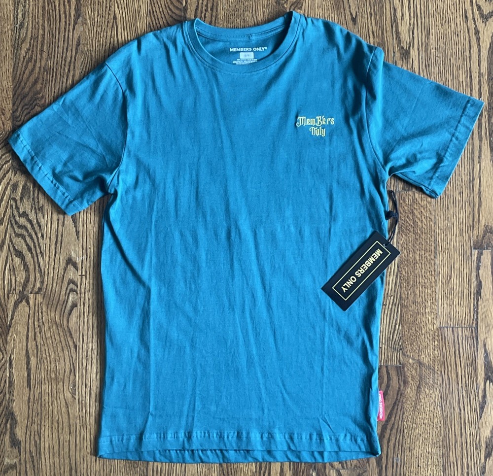 Members Only Mens Teal Green S T-Shirt Embroidered Chrysanthemum Double Sided