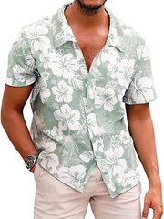 Men’s Hawaiian Floral Shirt Summer Casual Button Down Beach Vacation Top