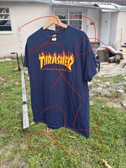 Men’s Thrasher Magazine Skateboard Flames Navy Blue Graphic T-shirt (Large)
