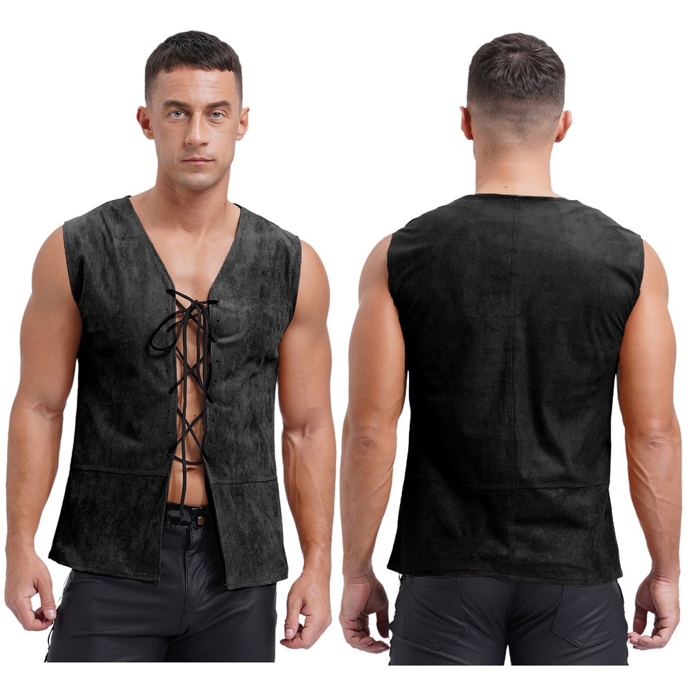 Men’s Vest Vintage Waistcoat Festival Crop Tops V Neck Blouse Birthday Top Tee