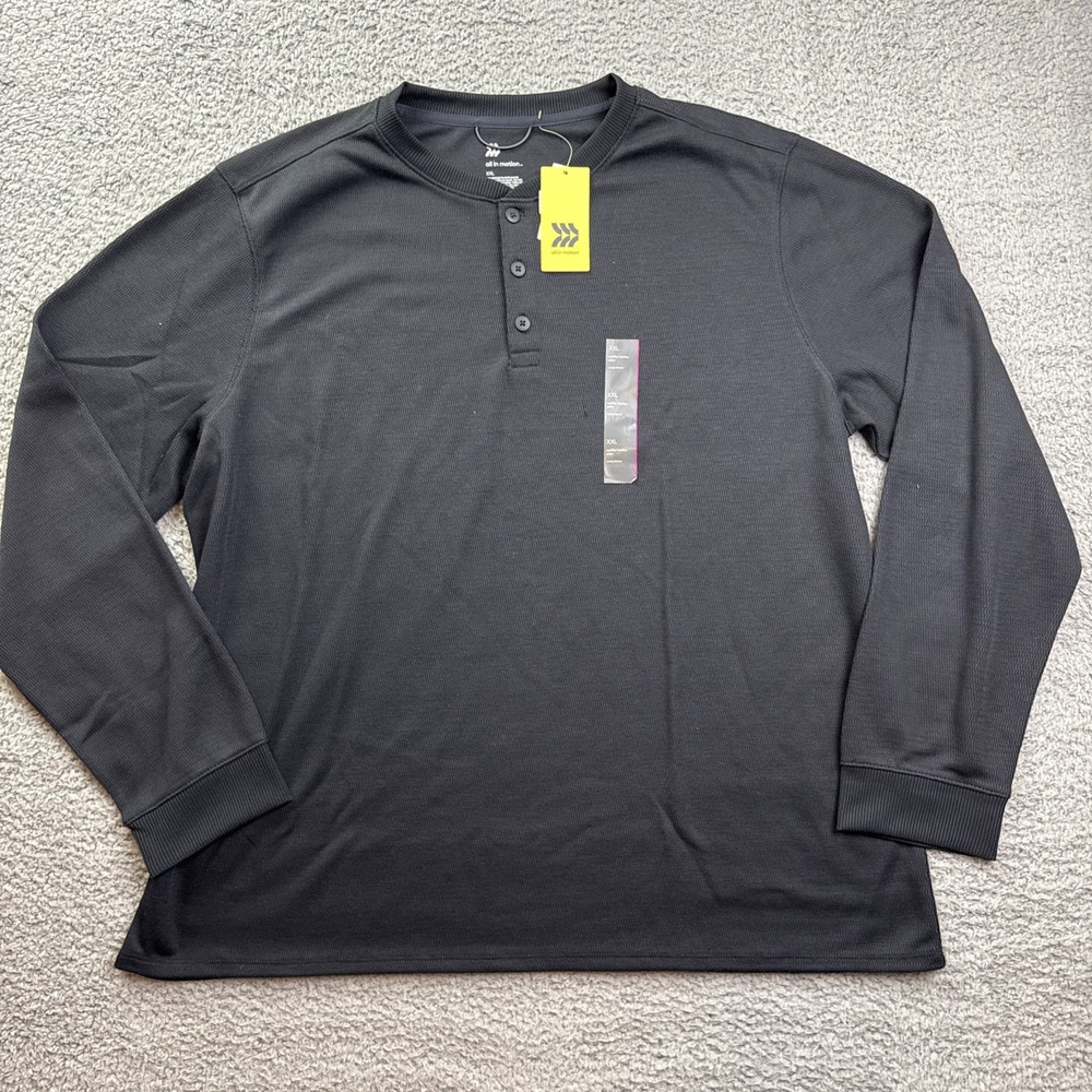 All In Motion Shirt Mens XXL Black Waffle Henley Thermal Long Sleeve NWT