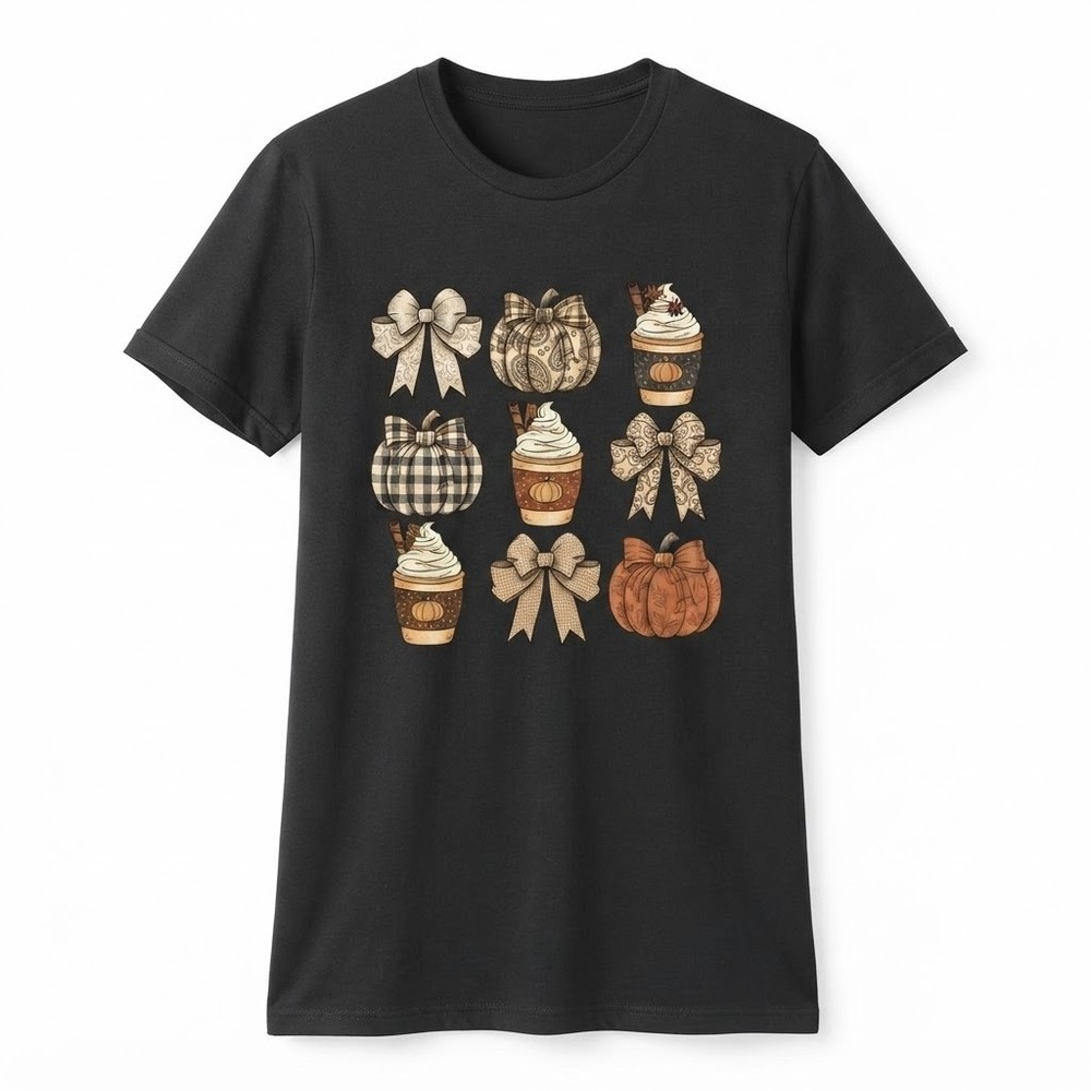Fall Pumpkin Bow T-Shirt, Thanksgiving Shirt, Fall Coffee Shirt, Pumpkin Latte