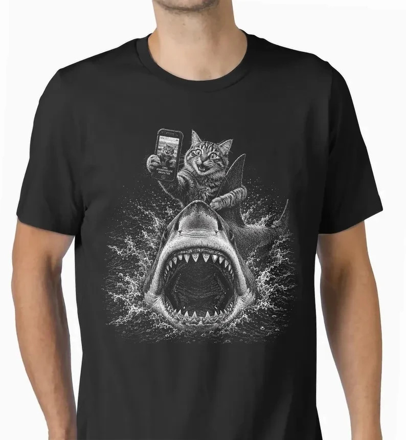 Cat Shark Selfie Shirt, Funny Ocean Meme Tee, Vintage Graphic Gift for Pet Lover