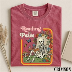 Reading in Peace Shirt Skeleton Book Lover Funny Halloween Reader Unisex Tee