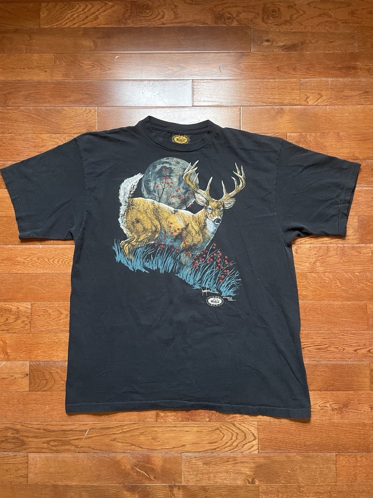 Vtg 90s Woolrich Deer Hunt T-Shirt Black Men’s XXL Single Stitch Harlequin Print