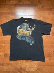 Vtg 90s Woolrich Deer Hunt T-Shirt Black Men’s XXL Single Stitch Harlequin Print