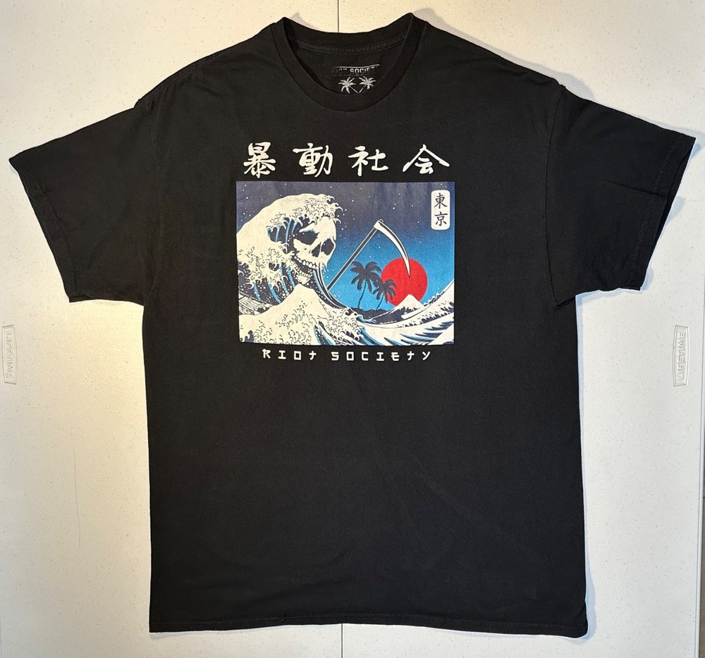 Riot Society Grim Reaper Shirt Mens Size XL Wave Mt. Fuji Japan Streetwear