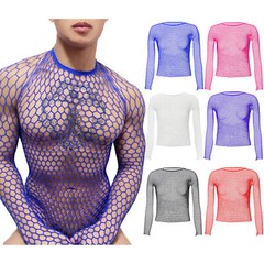 Mens Sexy Mesh See Through Fishnet T-Shirt Long Sleeve Muscle Undershirt Tops