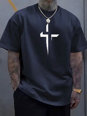 Men T Shirt 100% Cotton Round Neck Short Sleeve Cross Print Plus Size Loose Fit