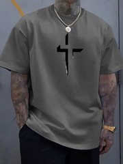 Men T Shirt 100% Cotton Round Neck Short Sleeve Cross Print Plus Size Loose Fit