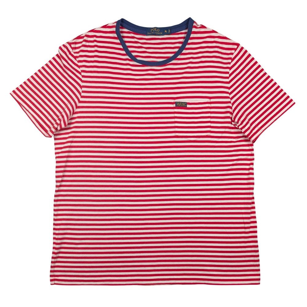 Polo Ralph Lauren T-Shirt Mens XL Red White Striped Pocket Short Sleeve Cotton