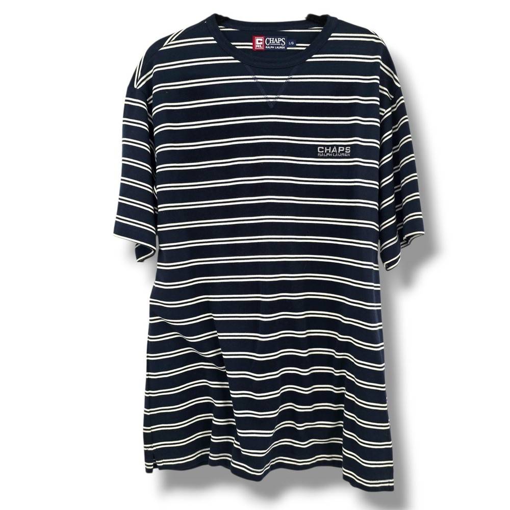 Chaps Ralph Lauren Men’s Striped T-Shirt Crew Neck Casual Top Navy Large Vintage