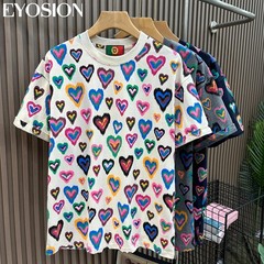 Men Heart Print Short Sleeve T-Shirt Casual Retro Round Neck Summer Cotton Tee