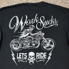 Work Sucks Let’s Ride Motorcycle Biker Skeleton Skull 2-Sided Harley t-shirt XL
