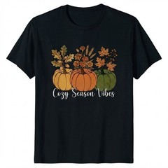 Cozy Season Vibes Autumn Pumpkins Leaves Flowers T-shirt