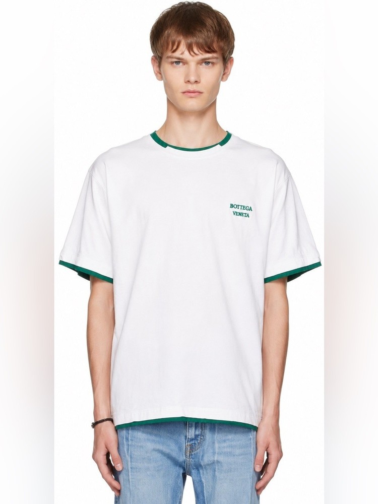 Bottega Veneta white cotton crewneck relaxed t-shirt green trim men M women L