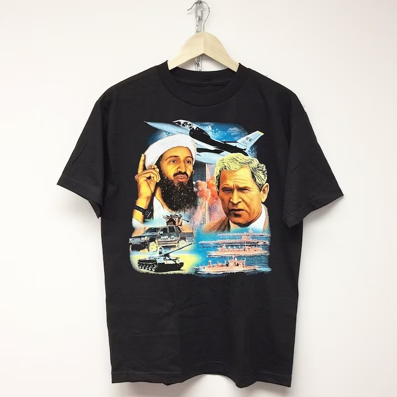 Vintage 911 Political Graphic T-Shirt Bush Bin Laden Tee Black – T182