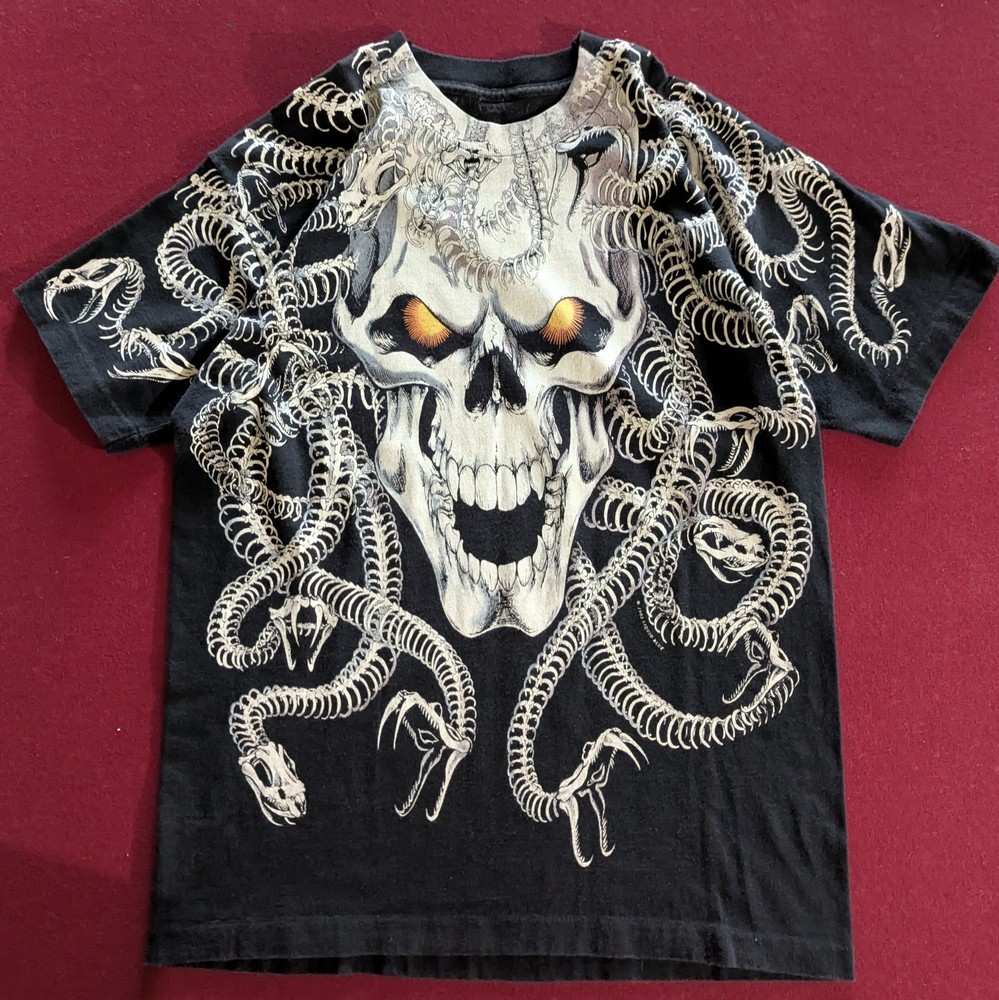 Liquid Blue Vintage 90s Black AOP Medusa Skull Graphic Tee Men’s L