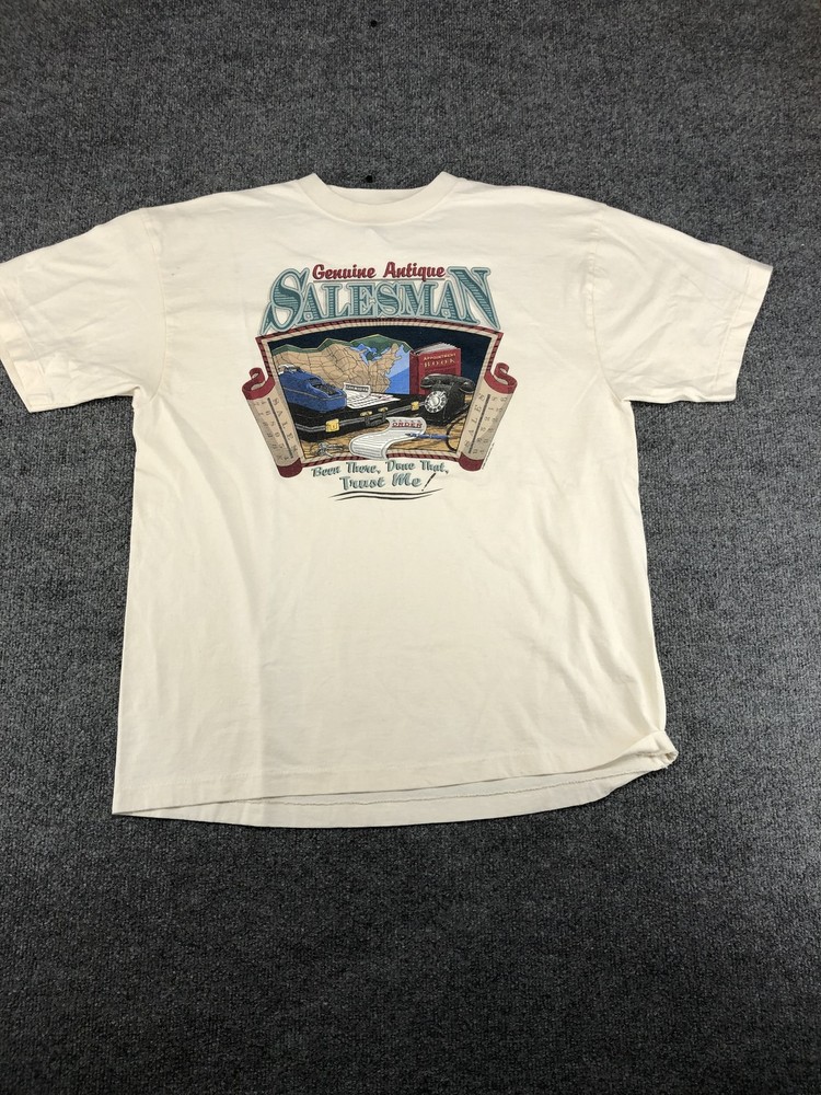 Vintage Genuine Antique Salesman Shirt Mens XL White Funny Graphic Tee 90s Retro