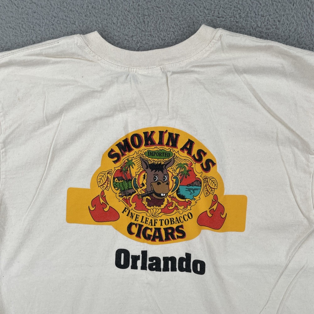 Vintage Gildan L Ivory White T Shirt Smokin Ass Cigars Orlando Fine Leaf Tobacco