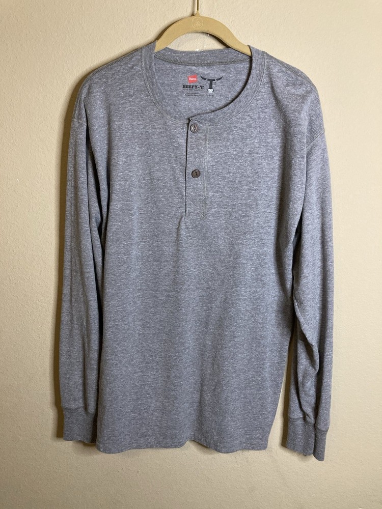 Hanes Beefy Henley Shirt Men’s Sz Medium Long Sleeve Heather Gray Straight Hem