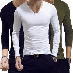 Men T Shirt Long Sleeve Slim Fit Solid Color Round Neck V Neck Cotton Top