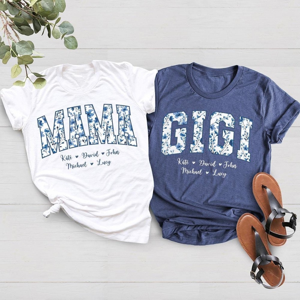 Personalized Gigi Shirt Dusty Blue Floral Grandma Mama Shirt Custom Names Mimi