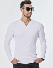 Jmierr Men’s White Long Sleeve Muscle T-Shirt V-Neck Ribbed T-shirt M