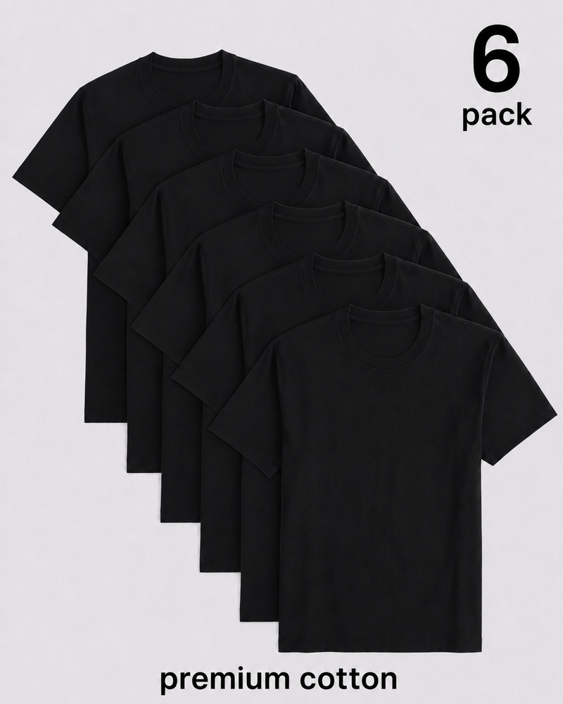 Men’s 6 Pack Black Crew Neck T-Shirts Regular Fit 220 GSM Casual Tees small-XL