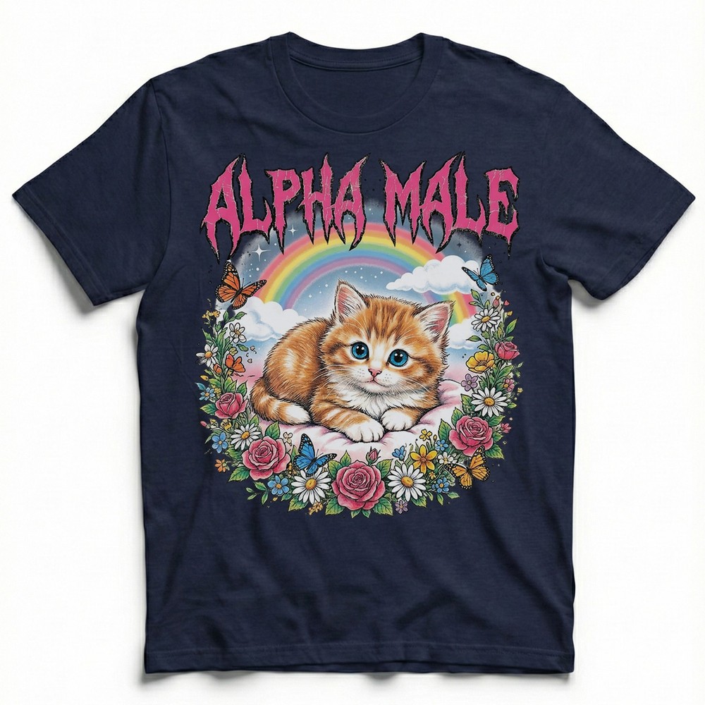 Alpha Male Kitten Rainbow Flowers Butterfly T-Shirt Ironic Cute Cat Humor Tee