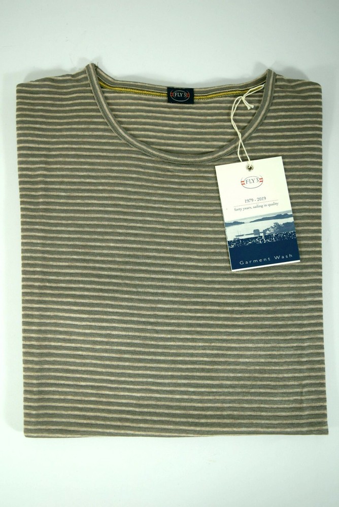 FLY3 Men’s SPORTY Short Sleeve LINEN COTTON Stripes GREY BEIGE T-SHIRT S/S 2019