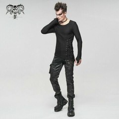 Devil Fashion Punk Men Mesh Tops Asymmetrical Hem Drawstring Decoration T-shirts