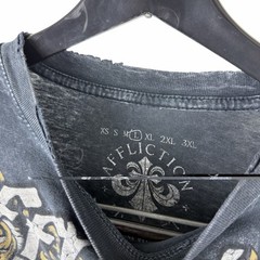 Mens Y2K Affliction Cross Wing Grunge Punk AOP Graphic Grey Shirt Size L