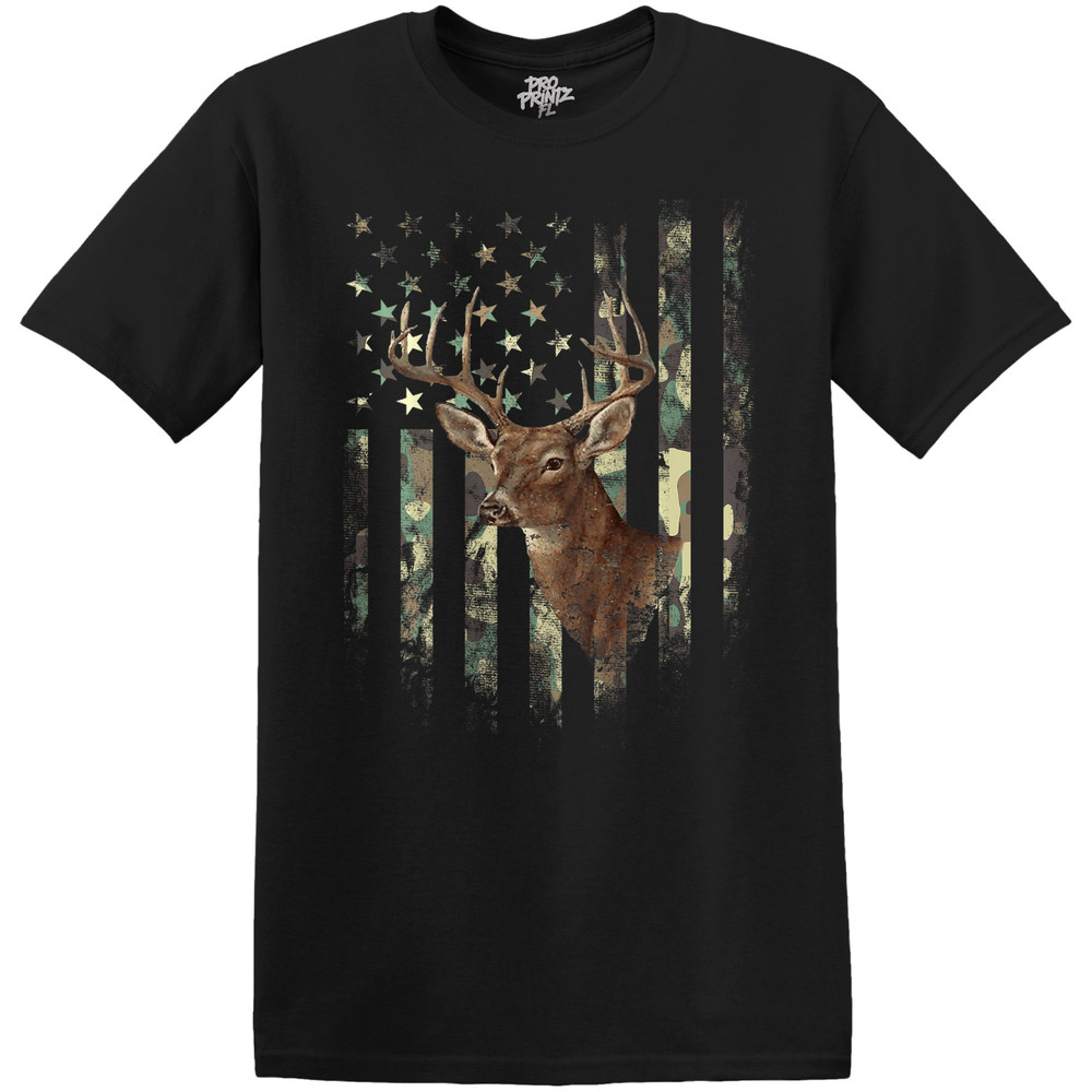 Camo Deer American Flag T-Shirt – Choose Your Color & Size