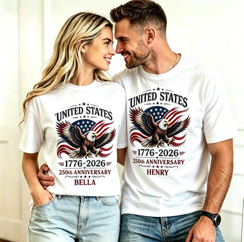 Personalized USA 250th Anniversary T-shirt, Custom Name Couple Unisex T-shirt