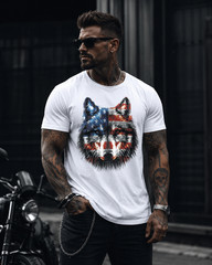 American Flag Wolf Face Tee, Men’s Patriotic Graphic T-Shirt, Gift for Wolf Love