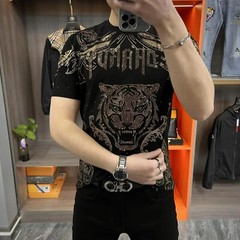New Men Luxury Diamond Tiger Rhinestones Fashion Black T-Shirt High Quality