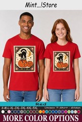 Cat Black Pumpkin Shirt, Vintage Halloween Postage Stamp Tee
