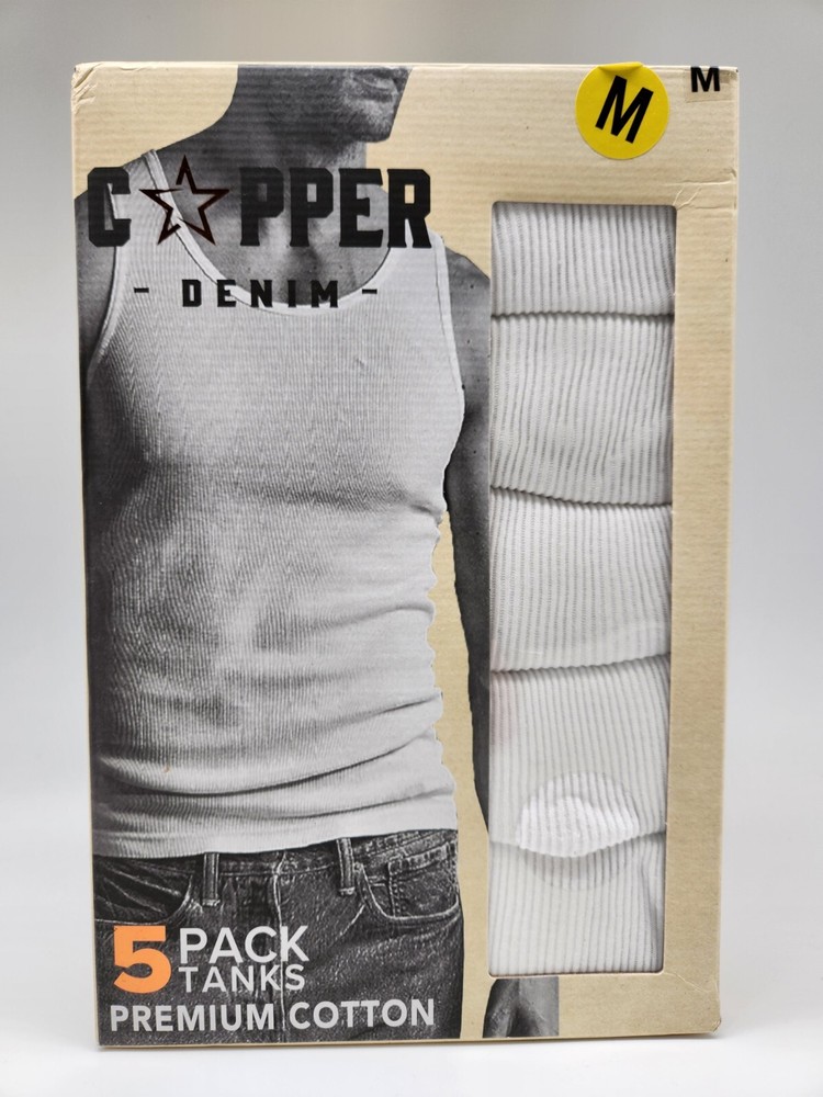 5 Pack COPPER DENIM Men’s Sizes S M L XL Premium Cotton White Ribbed Tanks