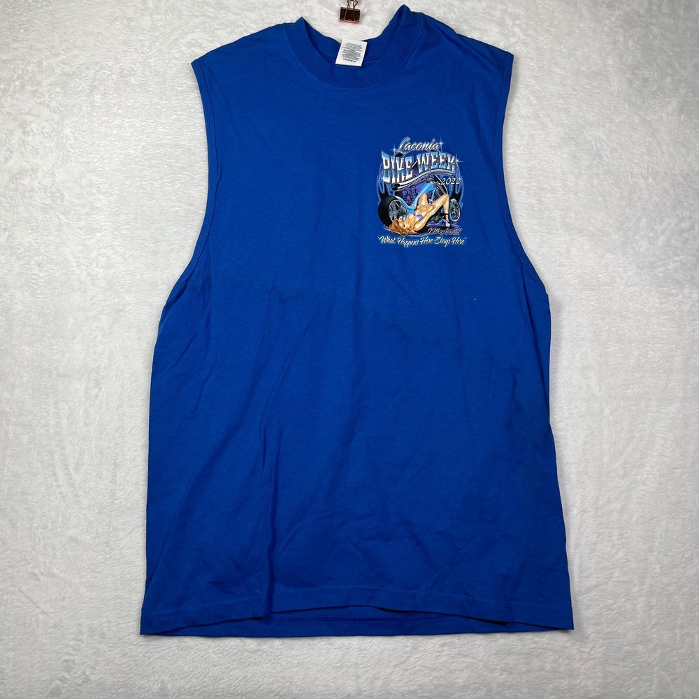 Suna 99th Laconia Bike Week T Shirt Mens M Blue What Happens Here Stays Here