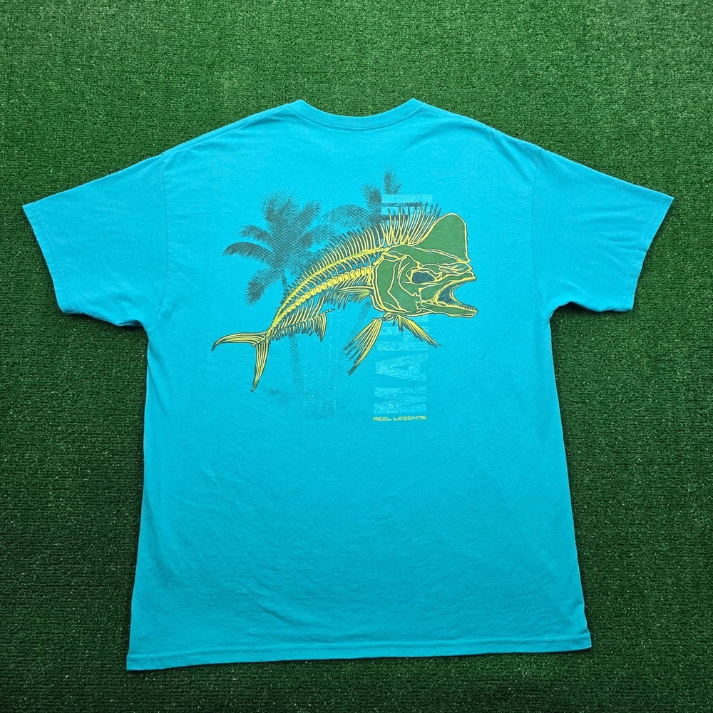 Reel Legends Tshirt Mens XL Blue Teal Short Sleeve Mahi Mahi Fishing Performance