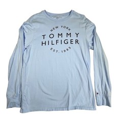 Tommy Hilfiger Long Sleeve Graphic Tee Mens Medium Baby Blue Y2K Streetwear