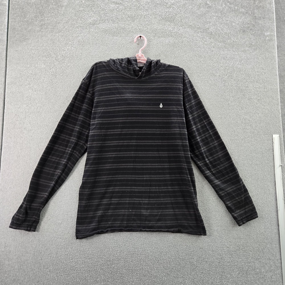 Volcom Men Shirt L/G Black Striped Logo Long Sleeve Hooded Pullover