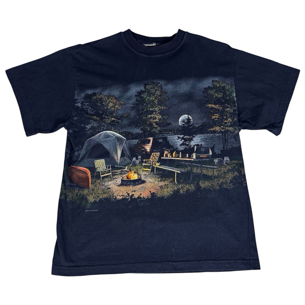 Vintage Art Unlimited Camping T Shirt Size Medium AOP Scenic Night Camp Fire 90s