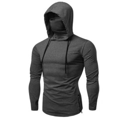 Mens Long Sleeve Hooded T-shirt Fitness Gym High Neck Stretch Shirt Hoodie