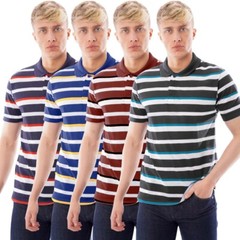 Mens Striped Polo Shirt Short Sleeve Pique T-Shirt Casual Contrast Summer Te Top