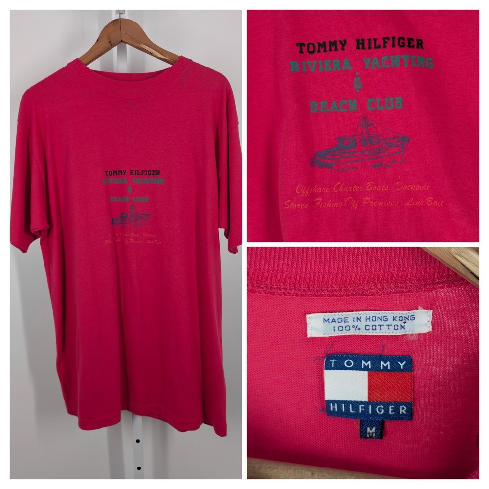 Tommy Hilfiger Vintage 90s Fuscia Pink Graphic Yacht Beach Club NYC T Shirt M