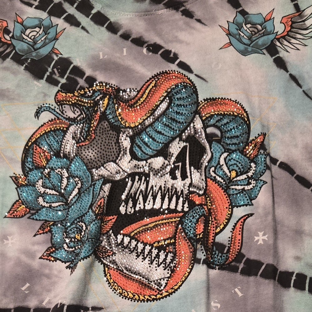 Men’s Rhinestone Skull Graphic Print Tie-Dye Style T-Shirt Gray/Black/Blue
